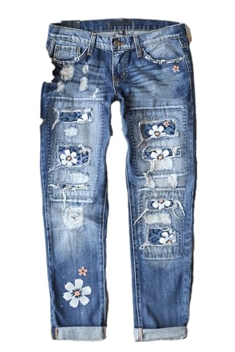 Womens Ripped Skinny Jeans with Plaid Patch, Distressed Boyfriend Denim Pants, Stretch High Waist Casual Patchwork