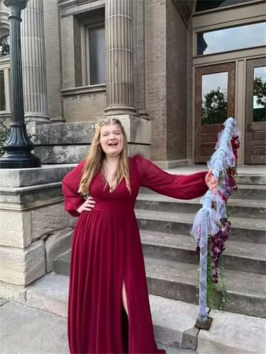 YOFF V-Neck Long Sleeves Bridesmaid Dresses Long with Slit Pleated Chiffon A-line Formal Party Dresses with Pockets YO0904