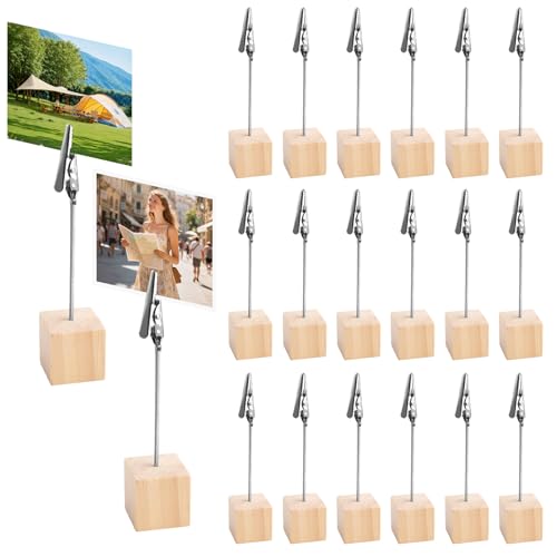 20 Stück Fotohalter Holz mit Klammern, Foto Memo Clip Halter, Kartenständer mit Krokodilverschluss, Holzsockel Notizkartenhalter, Schreibtisch Memohalter, Zettelhalter für Büro Party Geschäften