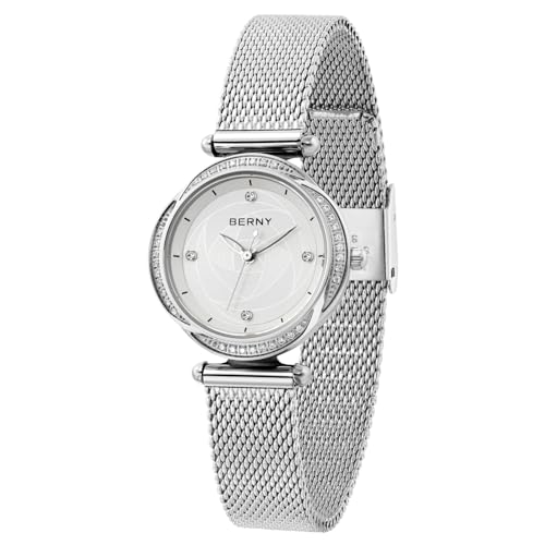 Image of BERNY Women Watch Dainty Ladies Wrist Watches Quartz Watch Stainless Steel Mesh Band Waterproof Silver Watches for Girls