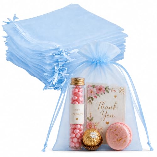 Jexila 100 PCS Light Blue Organza Gift Bags 5X7 Baby Shower Party Favor Bag