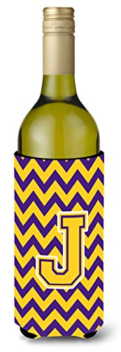 Caroline's Treasures CJ1041-JLITERK Letter J Chevron Purple and Gold Wine Bottle Hugger Bottle Cooler Sleeve Hugger Machine Washable Collapsible Insulator Beverage Insulated Holder