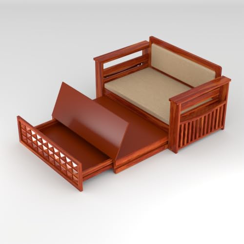 Image of Solid Sheesham Wood Sofa Cums Bed with Mattress & Storage | Rosewood Convertible Sofa Bed for Living Room & Bedroom (D-Honey, 2 Seater)
