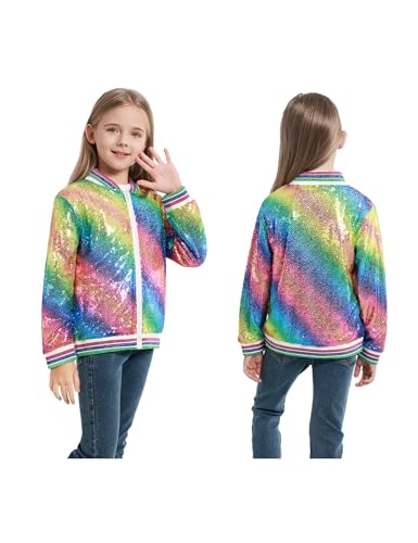 Girls' Sequin Bomber Jacket Sparkle Holographic Long Sleeve Gradient Ombre Jackets for Kid with Ribbed Cuffs 5-12Y3