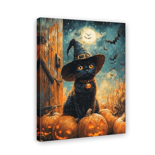 Toile chat noir Halloween et chapeau de magicien pour une ambiance automnale féerique