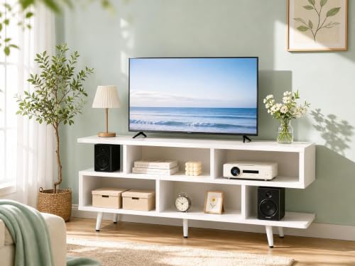 Lightdot 55" Small TV Stand with Outlet & Shelves,Modern Entertainment Center, Open Storage Shelves, Sofa Cabinet Media Console,Up to 65" TV, Easy Assembly for Living/Bedroom,White