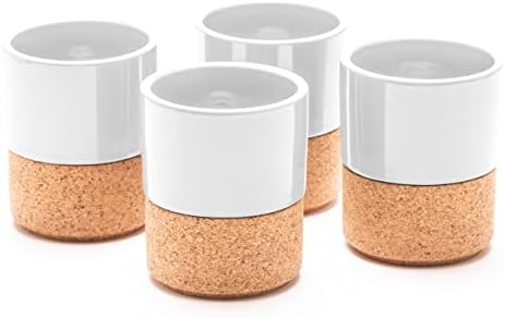 White Double Espresso Cups Set of 4 - Modern Ceramic Coffee Cup Mug 4oz with Removable Cork Sleeve - Stackable - Handleless