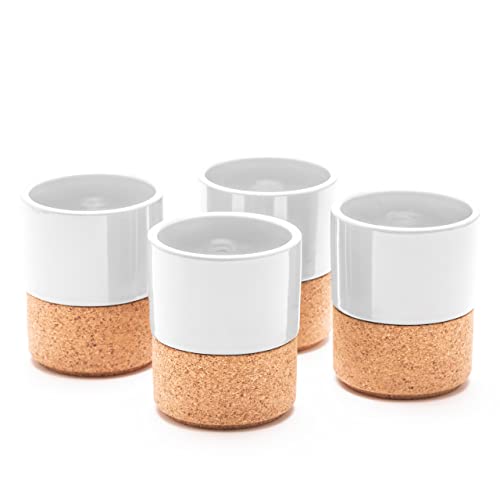 White Double Espresso Cups Set Of 4 - Modern Ceramic Coffee Cup Mug 4Oz With Removable Cork Sleeve - Stackable - Handleless #TOP2