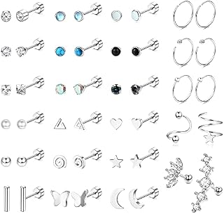 JeweBella 23 Pairs Small Earrings Set for Women Men Surgical Steel Flat Back Earrings Hypoallergenic Cartilage Stud Hoop Earrings Star Moon Zirconia Tiny Helix Piercing Earrings Set for Multiple