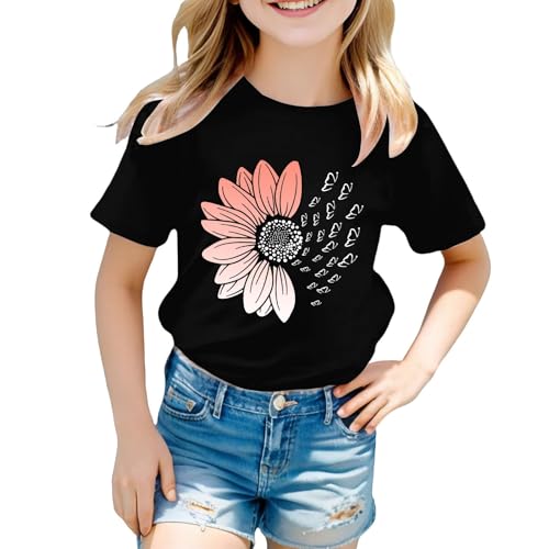 Girls Loose Fit Sunflower Graphic T Shirts Short Sleeve Crewneck Cute Pattern Printed Tops Kids (B-Black, 12-13 Years)3