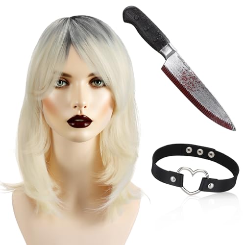 WinnerWhy 3 Pcs Halloween Short Blonde Wig Fake Knife with Fake Blood Prop Love Heart Adjustable Punk Necklace for Halloween Costume Cosplay