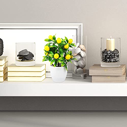 Misnode 2 Pcs Artificial Mini Potted Lemon Tree, 9.6 Inch Artificial Fruit Lemon Tree Bonsai, Potted Plants Fake Lemon Tree Topiary In Pots For Table Office Bathroom Shop Party Home Decor #TOP6