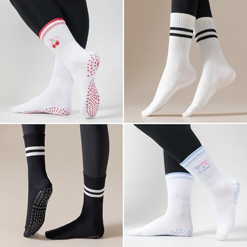 Image of Toes Home Pilates Socks for Women with Non Slip Grippers, Yoga Crew Socks for Barre Hospital Sticky Slipper Socks 4 Pairs