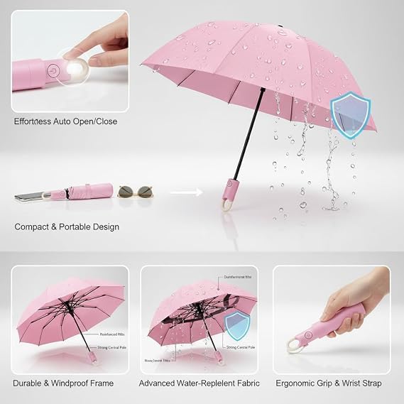 Image of UV Reversible Umbrella with Novelty Carabiner Handle, Travel-Friendly Umbrellas for Sun & Rain Protection, Windproof Compact, Automatic Open /Close,Plant Cutter for Home Garden Men and Women