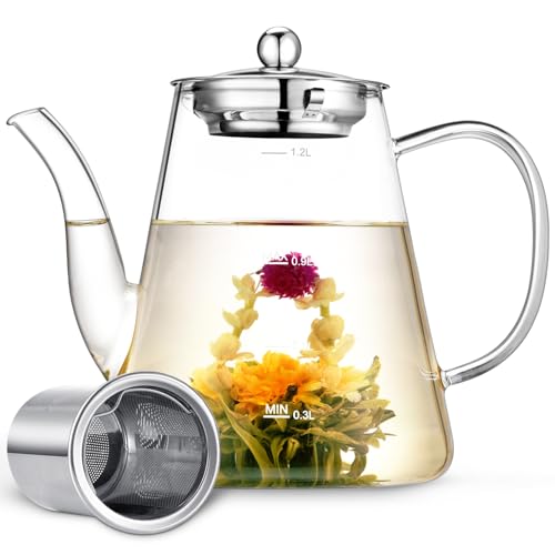 Zpose Glass Teapot, 1200ml (40oz) Tea Pot with Infuser for Loose Tea and Blooming Tea, Stovetop Safe Tea Kettle, Hand Crafted Borosilicate Glass Tea Maker with Scale Line, Tea Gift Set for Tea Lovers