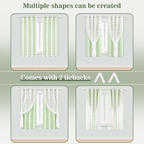 Image of Yinhua Double Layer Blackout Curtains for Bedroom Green Curtains for Living Room 63 Inch Length 2 Panels Set Kid Curtain with Tiebacks, Grommet Drapes with Floral Sheer Overlay, 52 inch W x 63 inch L