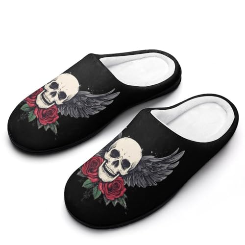 Skull WING Floral Rose Womens Cotton Slippers Warm House Shoes for Indoor Outdoor