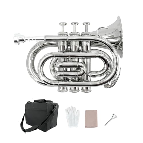 WUQIMUSC Trompeta de bolsillo de latón chapado en níquel con boquilla 7C, kit de limpieza, funda de transporte, guantes para principiantes/estudiantes (plata)