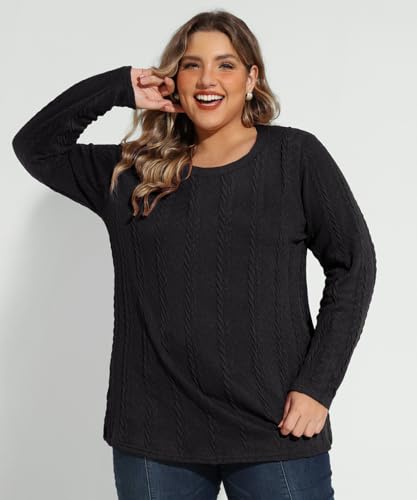 Image of CARCOS Womens Plus Size Tops Basic Fall Cable Knit Sweaters Long Sleeve Shirts Crewneck Lightweight Tunic Tops XL-5XL