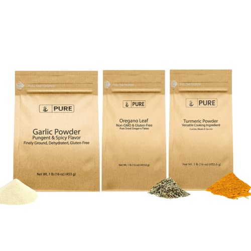 Pure Original Ingredients Oregano, Garlic, & Turmeric Bundle (1 Lb) Fine Herb Flakes, Cooking & More #TOP22