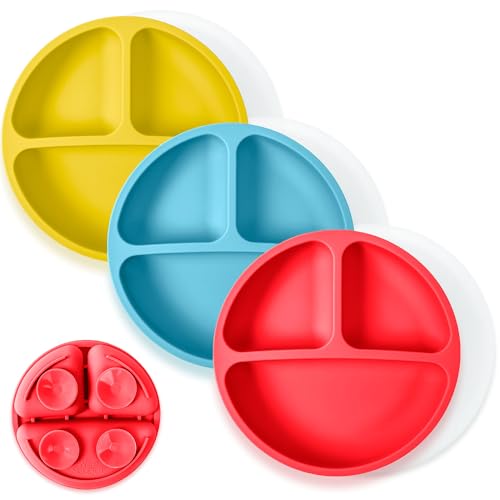 Image of WeeSprout Suction Plates with Lids for Babies & Toddlers - 100% Silicone, Dinnerware Stays Put, Divided Design for Picky Eaters, Microwave & Dishwasher Friendly, 3 Pack