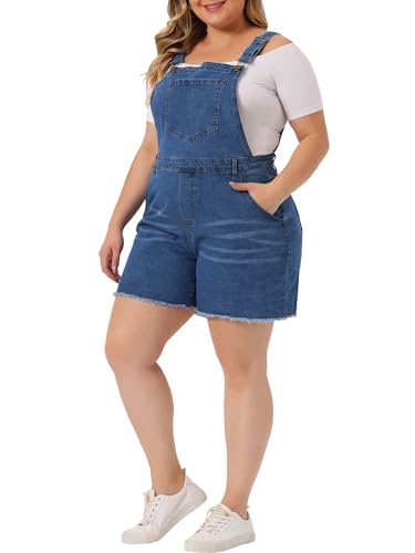Agnes Orinda Plus Size Denim Overall Shorts for Women Raw Hem Adjustable Strap Rompers with Pockets Bib Jeans Shortalls 3X Mid Blue