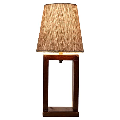 Image of tu casa Wooden Table Lamp for Bedroom & Living Room | Mango Wood Base with Beige Cotton Fabric Shade | Decorative Bedside Night Lamp for Home Decor & Festive Gifting