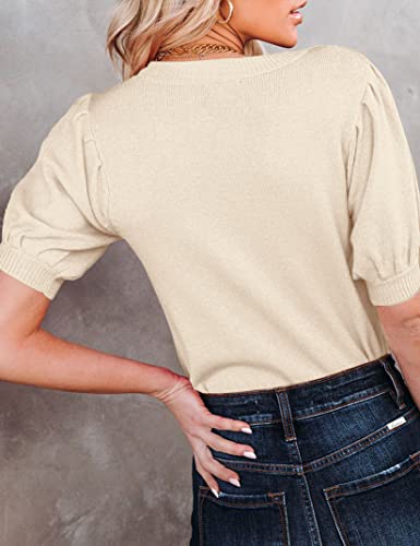Image of Womens Puff Short Sleeve Sweater Tops Crewneck Basic Knit Pullover Lightweight Solid Casual Sweaters