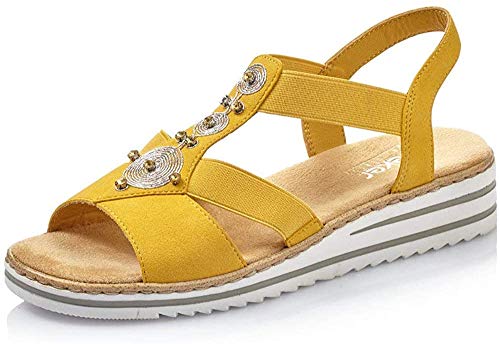 Rieker Damen Sandalen V0687, Frauen Keilsandalen, Keilabsatz sommerschuh flach Damen Frauen weibliche Lady Ladies feminin,gelb / 68,40 EU / 6,5 UK