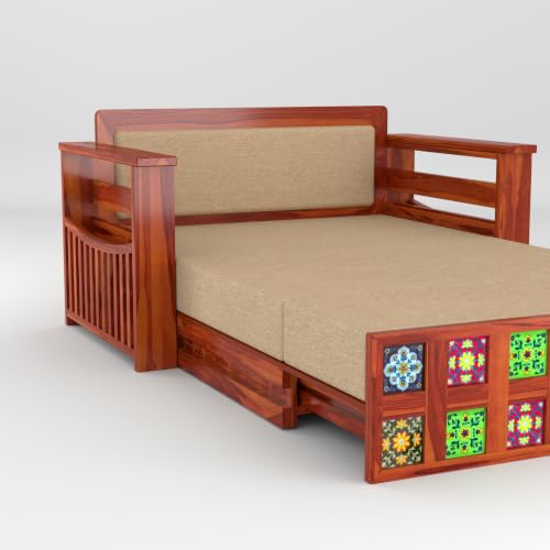 Image of Solid Sheesham Wood Sofa Cums Bed with Mattress & Storage | Rosewood Convertible Sofa Bed for Living Room & Bedroom (F-Honey Finish, 2 Seater)