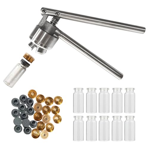 YaeTek 20mm Vial Manual Crimper Hand Sealing Machine + 10 x 10ml Vials & Stopper&Caps - Crimper Medical/Bottle Cap Crimping Tool/Antibiotics Bottle Capper Machine/Hand held Capping Machine