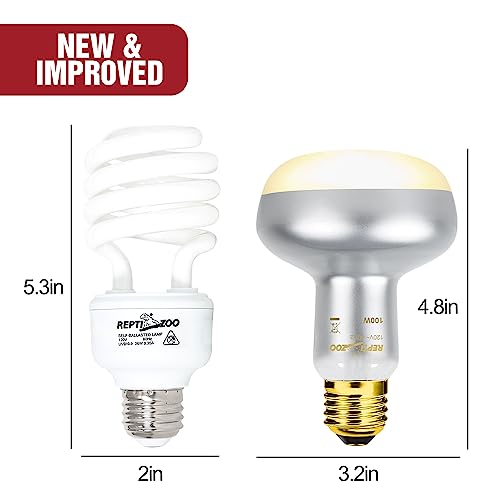 REPTIZOO - Reptile Heat Lamp Bulb & UVB 10.0 Combo Pack 100W Intense Reptile Light Bulb UVA Heat Bulb Compact Bulb 26W Energy Saving Spiral UVA UVB Bulb