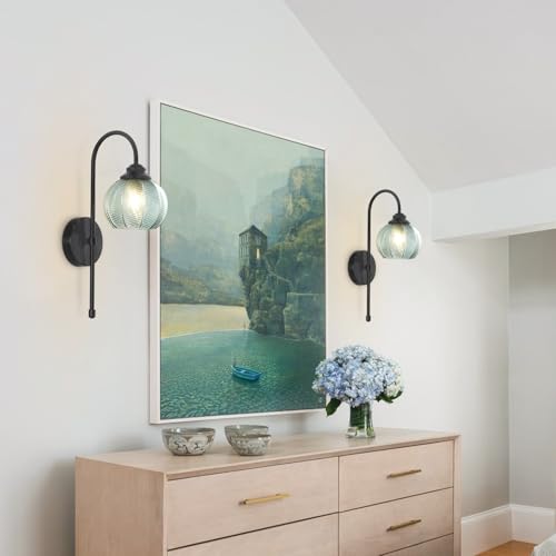 Image of KCO Lighting Vintage Green Glass Wall Sconce Black Globe Sconce Mid Century Modern Long Wall Light Fixture for Living Room Bedroom Bathroom