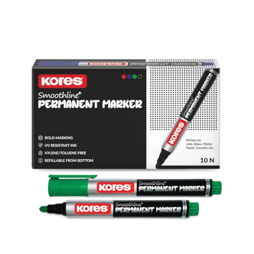 Image of Kores Smoothline+ Permanent Marker Pen, Green | Pack of 10 | Bold, Fade-Resistant & Quick-Dry Ink | Long-Lasting, Non-Toxic, Smooth Writing for Office, School & Home |