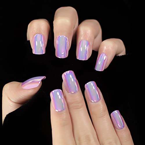 Ibeautying Press On Nails - Metallic Mirror Purple Pink False Nails | Punk Metal Chrome Finish Short Reusable Fake Nails In 10 Sizes - 24 Nail Kit With Jelly Glue Pad #TOP2