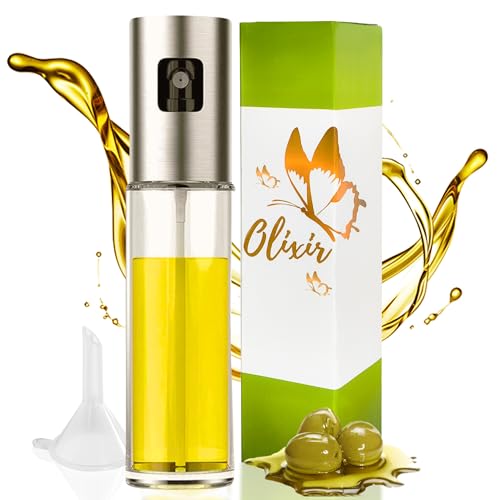 OLIXIR® Pulverizador Aceite Spray Cocina 100ml – Rociador de Cristal y Acero Inoxidable para Air Fryer – Vaporizador Aceite Oliva Dosificador Reutilizable para Freidora de Aire, Ensaladas y Parrilla