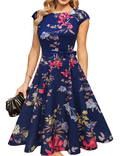 Image of DRESSTELLS Cocktail Dress for Women, Summer Formal Wedding Guest Floral Graduation Prom Casual Tea Party Modest Dress 2026 Navy Flower M