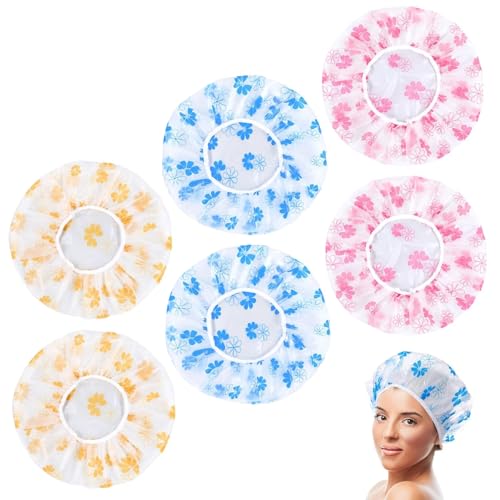 6 Pack Reusable Shower Caps for Women & Men, Large Waterproof Bath Caps with Elastic Band, 28cm Thick Plastic Shower Hats for Long Hair, Adults & Kids, Home Spa Salon Use