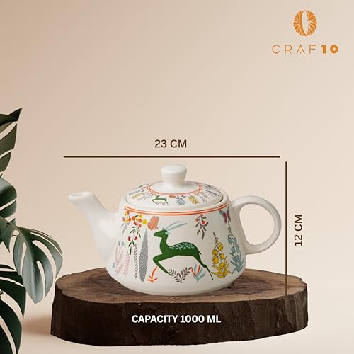 Image of CRAF10 Ceramic Handcrafted Green Stag Printed Tea Morning Set - 1 Kettle (1 Litre) & 6 Cups (160 ML) | Microwave & Dishwasher Safe | Teapot | Tea Sets with Kettle for Gifting