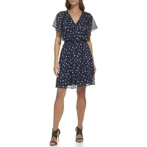 DKNY Womens Faux Wrap Dress, Navy Multi, 2