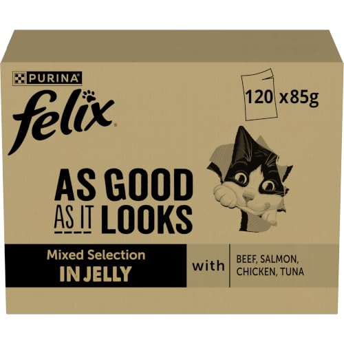 FELIX So gut wie es aussieht Senior 7+ Nassfutter für Katzen Gemischte Vielfalt Vorteilspack, 120 praktische Portionsbeutel, zarte Stücke in Gelee, 4 leckere Sorten, 100% vollständige Ernährung