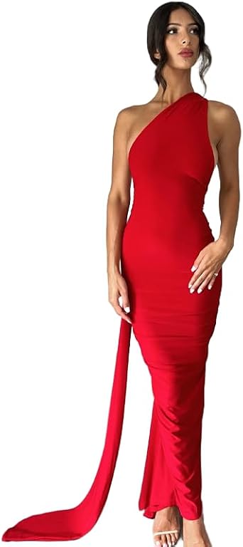 Womens Sexy Backless Dress One Shoulder Maxi Elegant Ruched O Ring Sleeveless Evening Dress Formal Gown Cocktail Dress