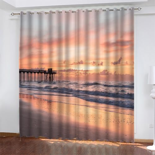 Cortinas Opacas Playa, Cortinas Salon Modernas 2 Piezas 200x245 CM Paisaje del Atardecer Cortinas Termicas Aislantes Frio y Calor Blackout Curtains con Ojales Cortinas para Dormitorio/Comedor