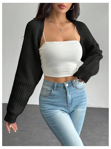 GORGLITTER Women's Long Sleeve Bolero Shrug Open Front Knit Cropped Cardigan Sweater Shrugs Petite-Black Petite-S4