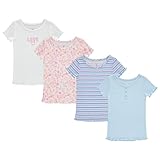 BTween 4-Pack Rib Knit Girls Tops - Short Sleeve Lettuce Trim Ribbed Girl Shirts - Stripe/Floral/Solid