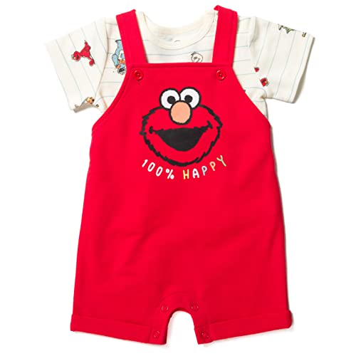 Sesame Street French Terry Short Overalls, T-Shirt & Bucket Sun Hat 3 Piece Outfit Newborn to Toddler Sizes (Newborn - 4T)