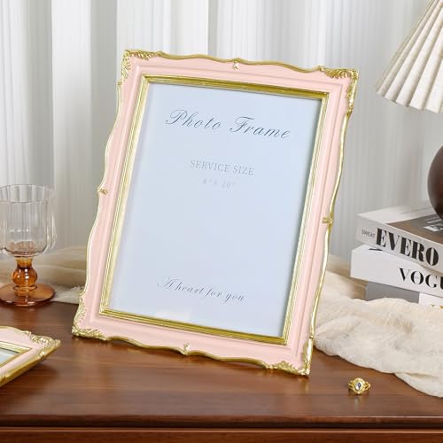 Pink 8x10 Picture Frame Vintage Frame, Ornate Pink and Gold Picture Frame with Glass Front Handcrafted Resin Frames, Antique Textured Design for Tabletop & Wall Display
