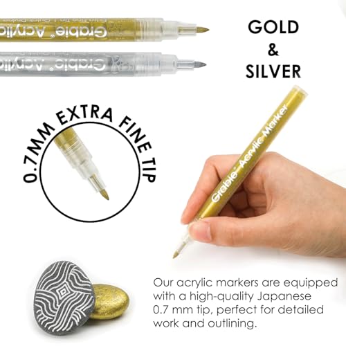 Image of Grabie Gold&Silver Extra Fine Tip Acrylic Paint Marker Set, 6 Pack Gold Paint Markers, 0.7mm Acrylic Paint Pens for Black Paper, Halloween Pumpkin, Christmas DIY, Silver Pen(Gold&Silver)