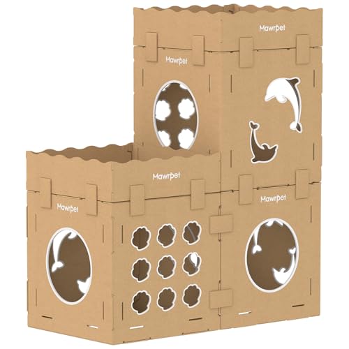 Image of DIY Cat House with Scratcher Cardboard, Condo with Scratching Pads,Cats Play House, DIY Modular Cat Boxes, Indoor Kitty Scratcher Hideout for One or More Cats, Cat Tower Castle Tunnel, 5 Parts