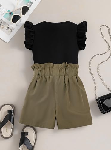 Image of Girls 2 Piece Outfits Summer Ruffle Sleeve Top and High Waisted Striped Shorts Set for Girls 7-14